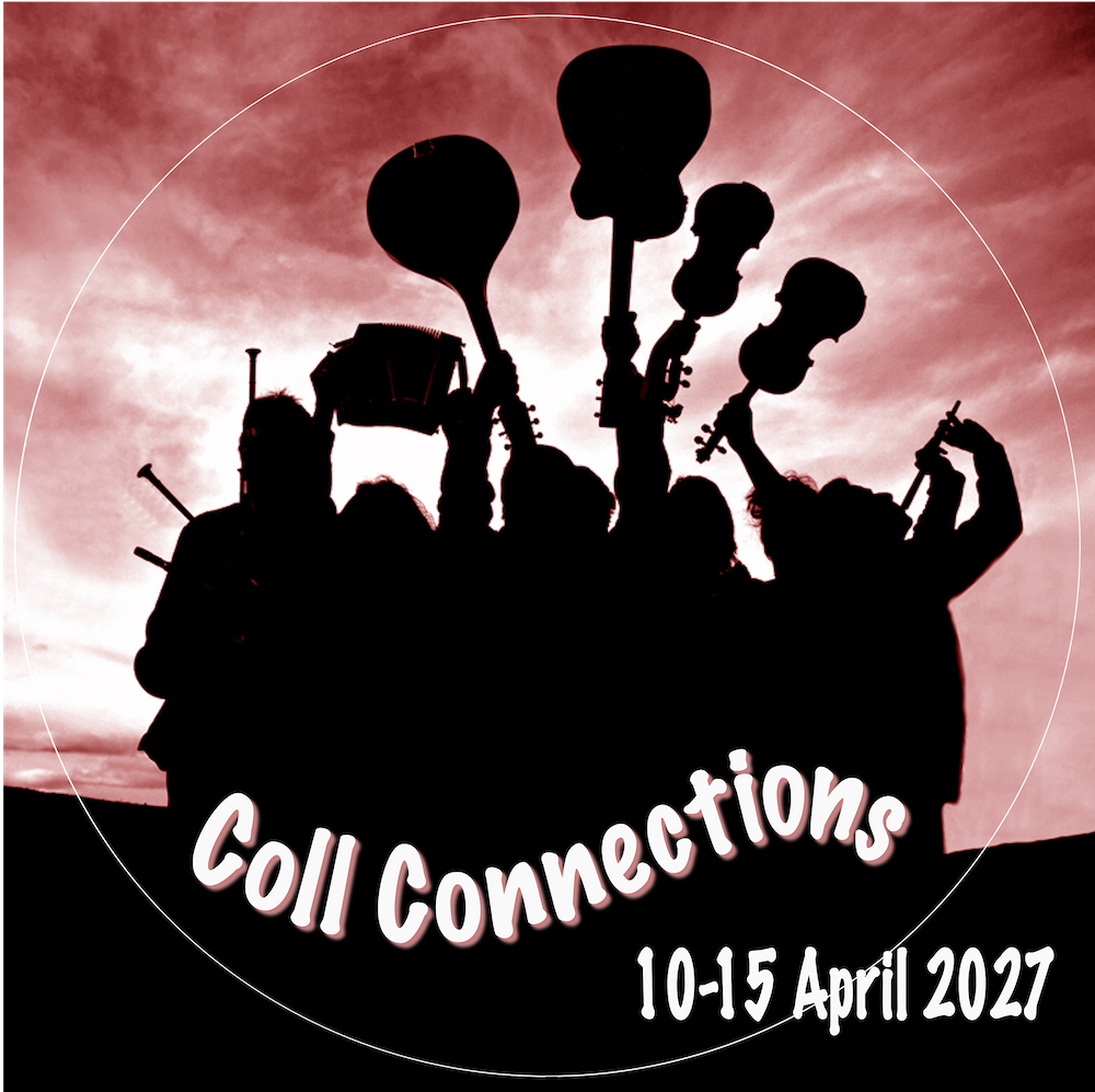 Coll Connections logo 2027. Musicians are silhouetted against a dramatic red sky, with instruments held aloft. Festival dates 10th - 15th April 2027
